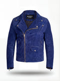 Men's blue suede biker jacket with asymmetrical zipper closure and notched lapels, Front View. The Aether by Maverick Jacket.