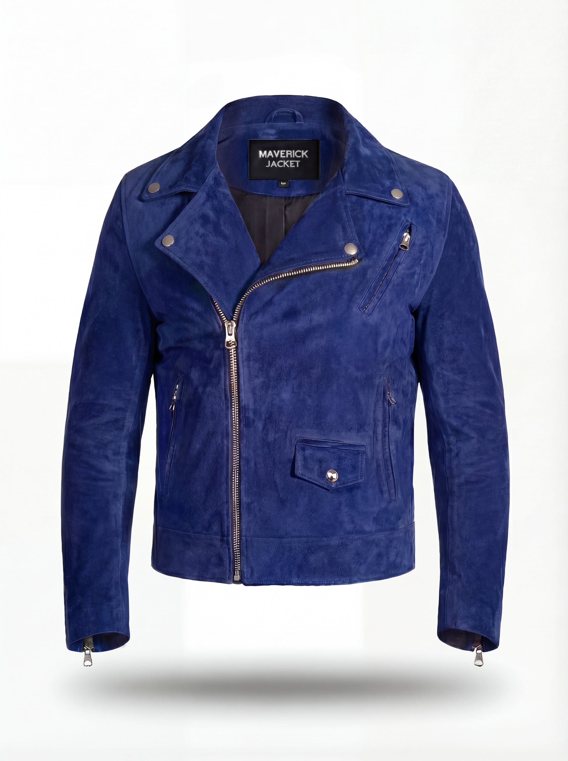 Men's blue suede biker jacket with asymmetrical zipper closure and notched lapels, Front View. The Aether by Maverick Jacket.