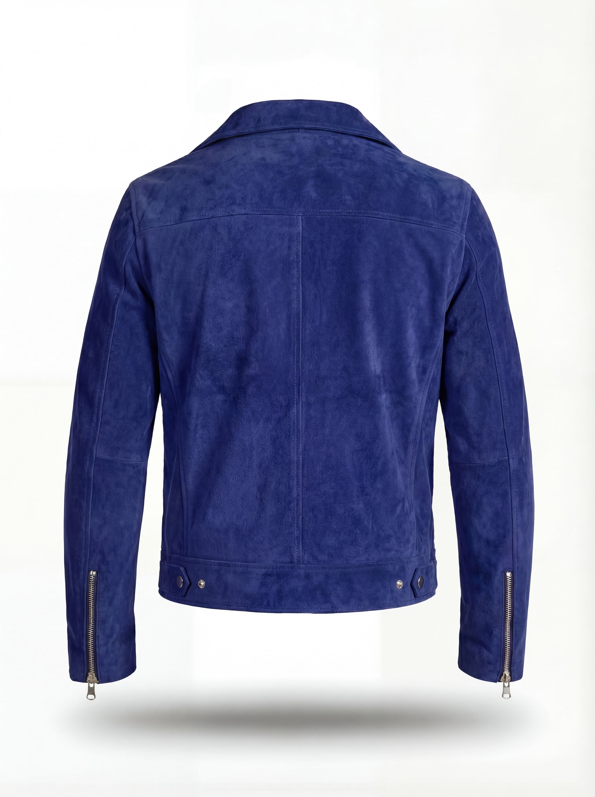 Rear view of blue suede biker jacket showing clean back paneling and adjustable waist tabs. The Aether by Maverick Jacket.