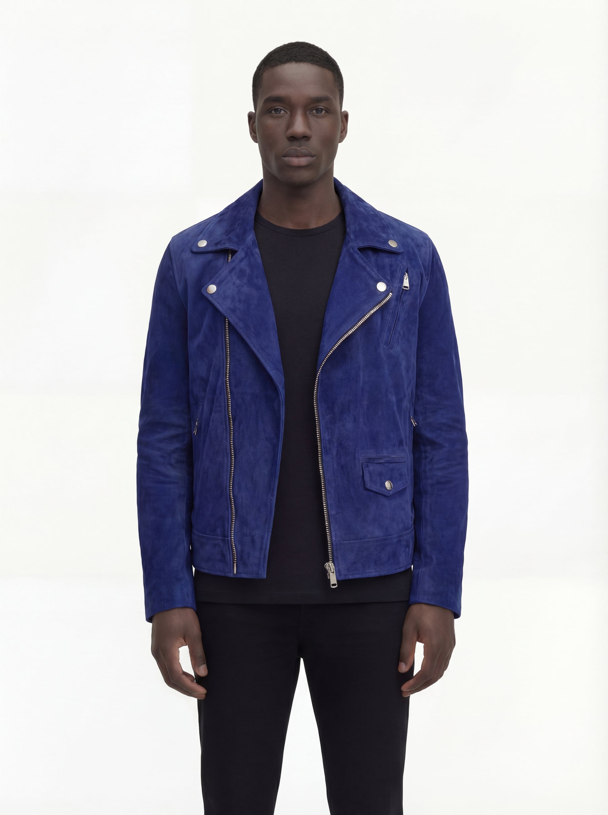Male model wearing Maverick Aether suede biker jacket, slim fit, styled with black skinny jeans. Maverick Jacket.