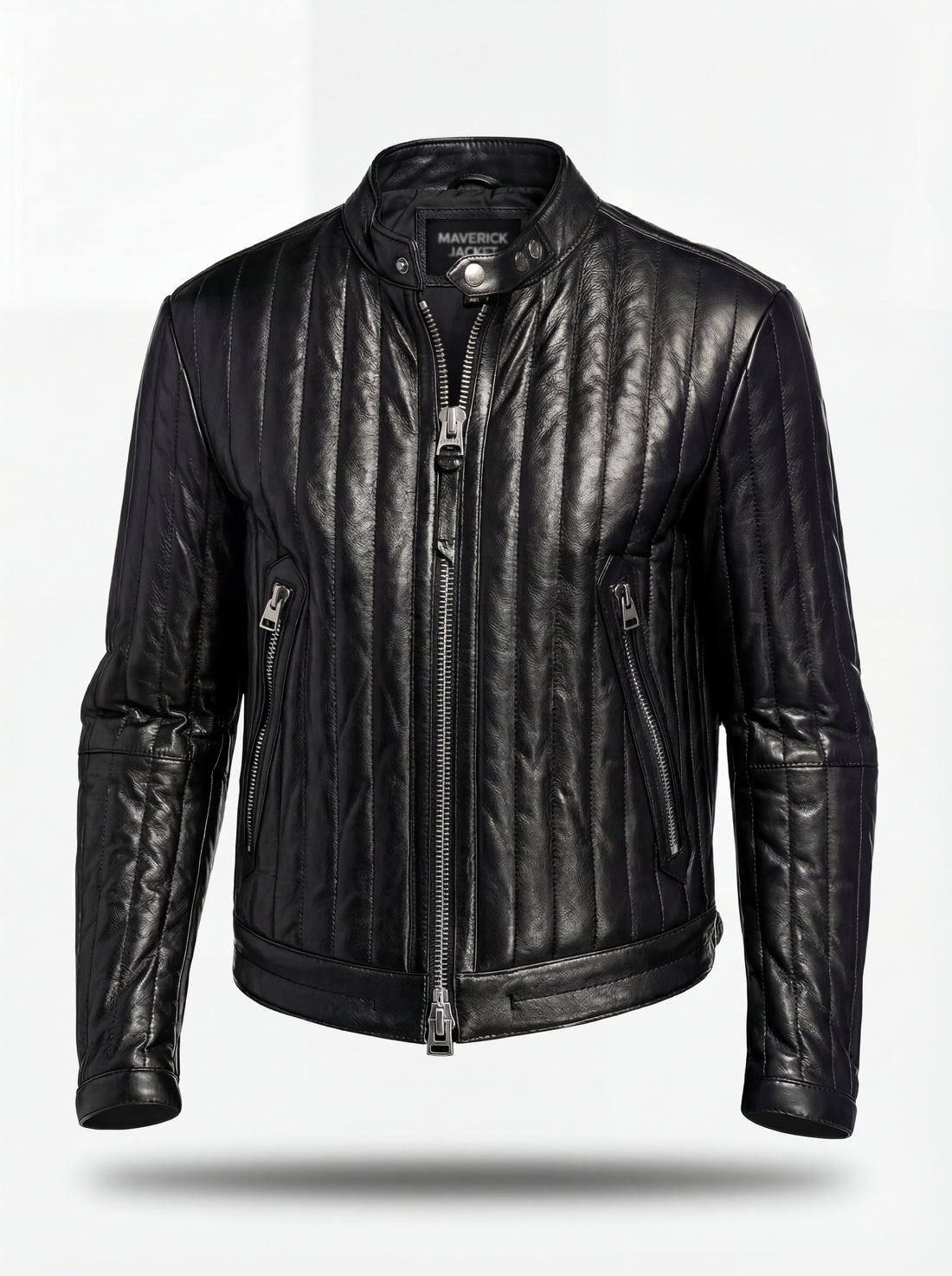 Men's black leather jacket with vertical channel quilting and snap-button band collar, Front View. The Stratos by Maverick Jacket.