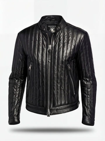 Men's black leather jacket with vertical channel quilting and snap-button band collar, Front View. The Stratos by Maverick Jacket.