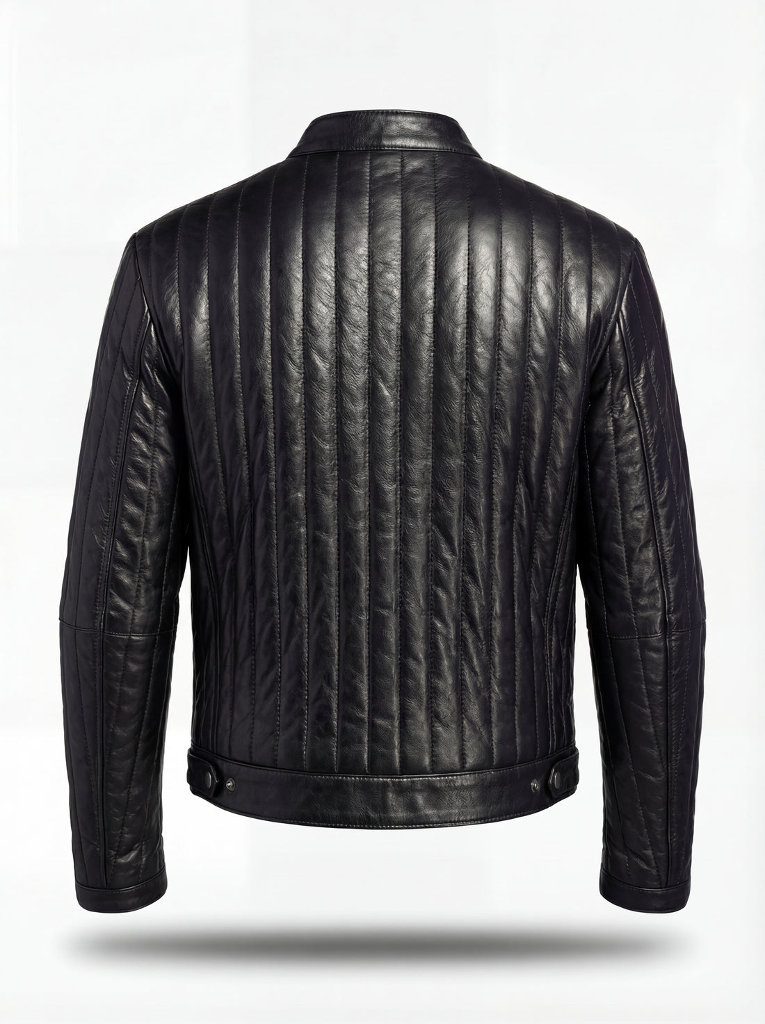 Men's black leather jacket with vertical channel quilting and snap-button band collar, Front View. The Stratos by Maverick Jacket.