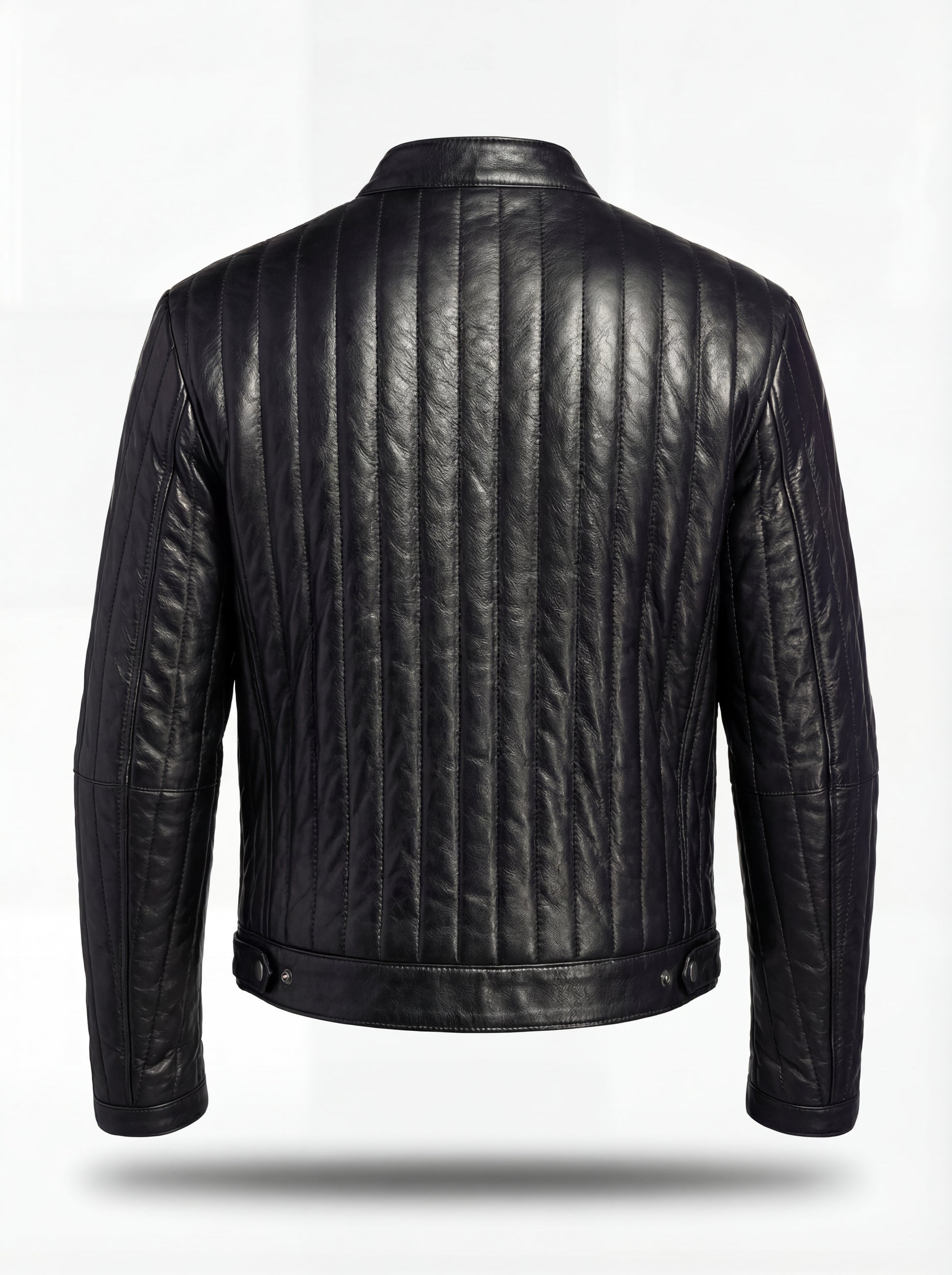 Rear view of black leather jacket showing full-length vertical channel quilting and snap-tab hem. The Stratos by Maverick Jacket.