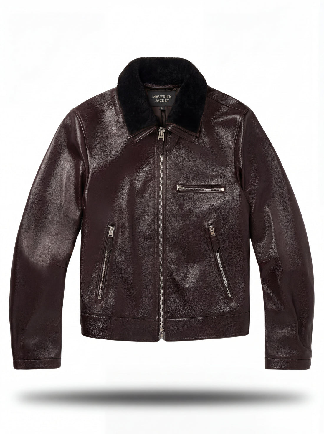 Men's dark brown pebbled leather aviator jacket with black shearling collar and silver zippered chest pocket, Front View. The Vanguard by Maverick Jacket.