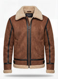 Men's brown suede shearling B3 jacket with black leather contrast taping and cream fur collar, Front View. The Altitude by Maverick Jacket.