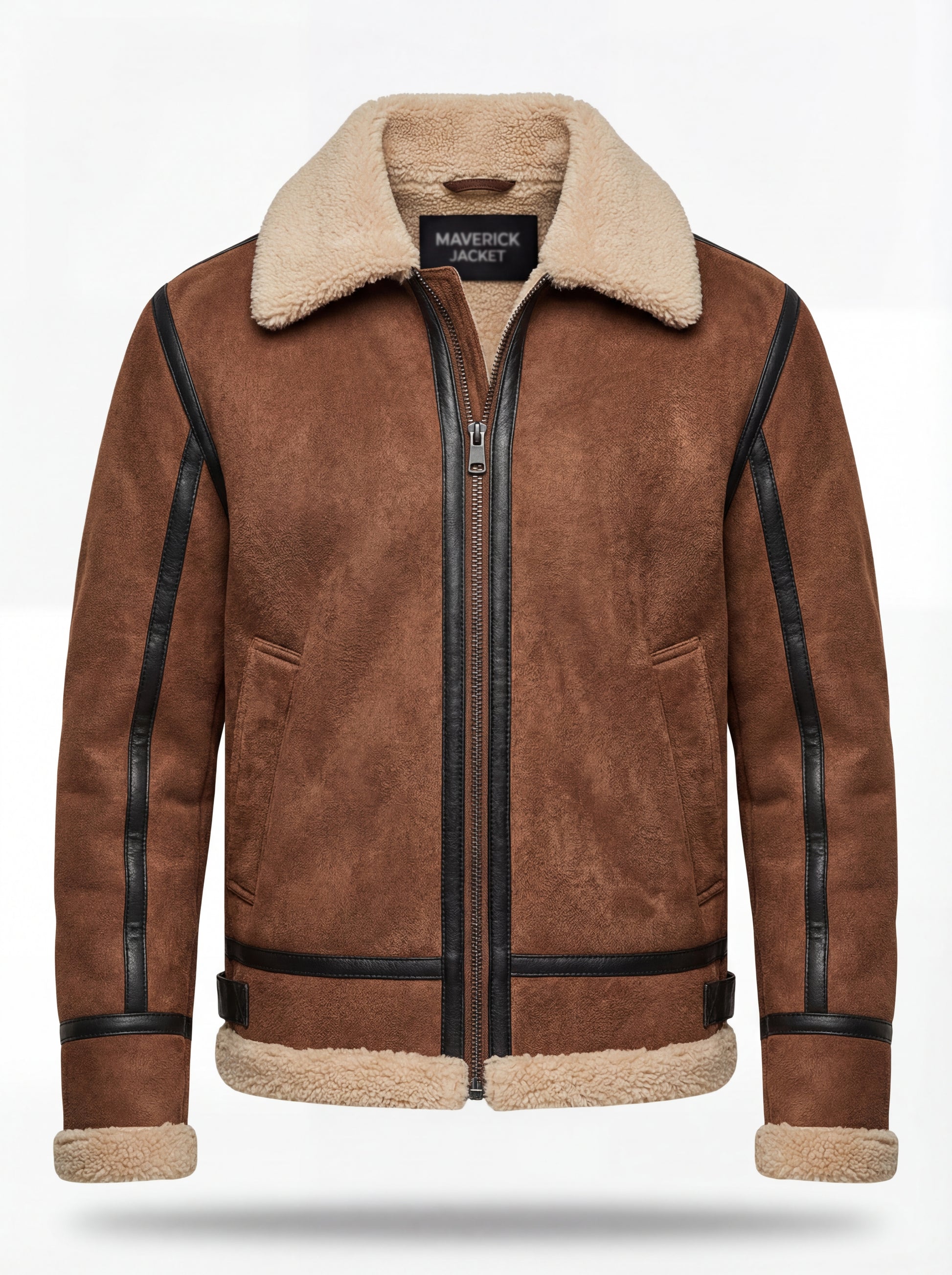 Men's brown suede shearling B3 jacket with black leather contrast taping and cream fur collar, Front View. The Altitude by Maverick Jacket.