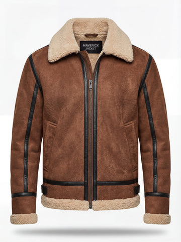 Men's brown suede shearling B3 jacket with black leather contrast taping and cream fur collar, Front View. The Altitude by Maverick Jacket.