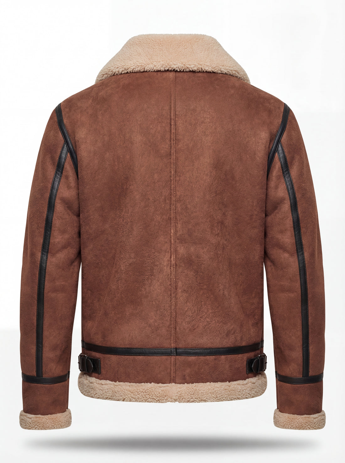 Men's brown suede shearling B3 jacket with black leather contrast taping and cream fur collar, Front View. The Altitude by Maverick Jacket.