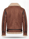 Rear view of brown suede shearling B3 jacket showing vertical center seam and black leather sleeve panels. The Altitude by Maverick Jacket.