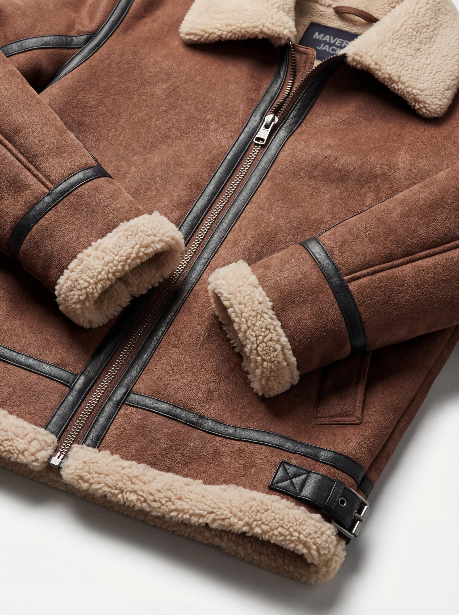 Macro shot of brown suede texture and black leather side buckle strap detail on shearling B3 jacket. The Altitude by Maverick Jacket.
