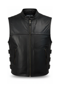 Men's black leather vest with V-neckline and snap button front closure, Front View. The Jaxon by Maverick Jacket.