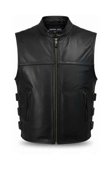 Men's black leather vest with V-neckline and snap button front closure, Front View. The Jaxon by Maverick Jacket.