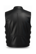 Rear view of black leather vest showing clean back paneling for patches and straight hem. The Jaxon by Maverick Jacket.