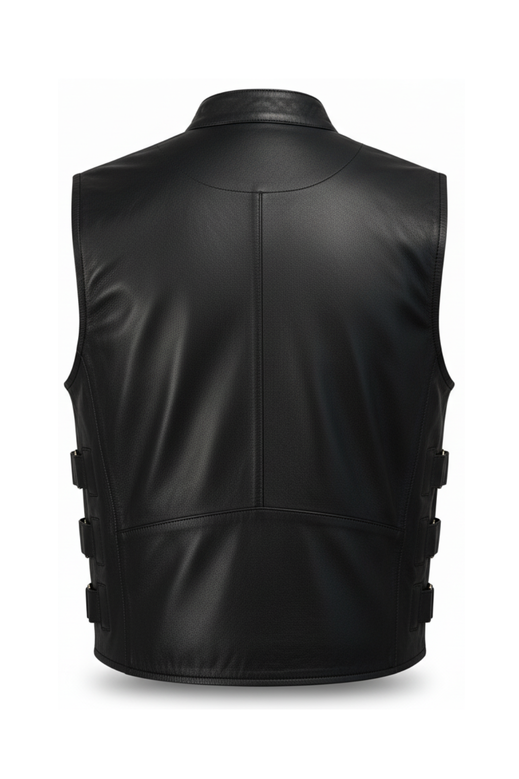 Rear view of black leather vest showing clean back paneling for patches and straight hem. The Jaxon by Maverick Jacket.