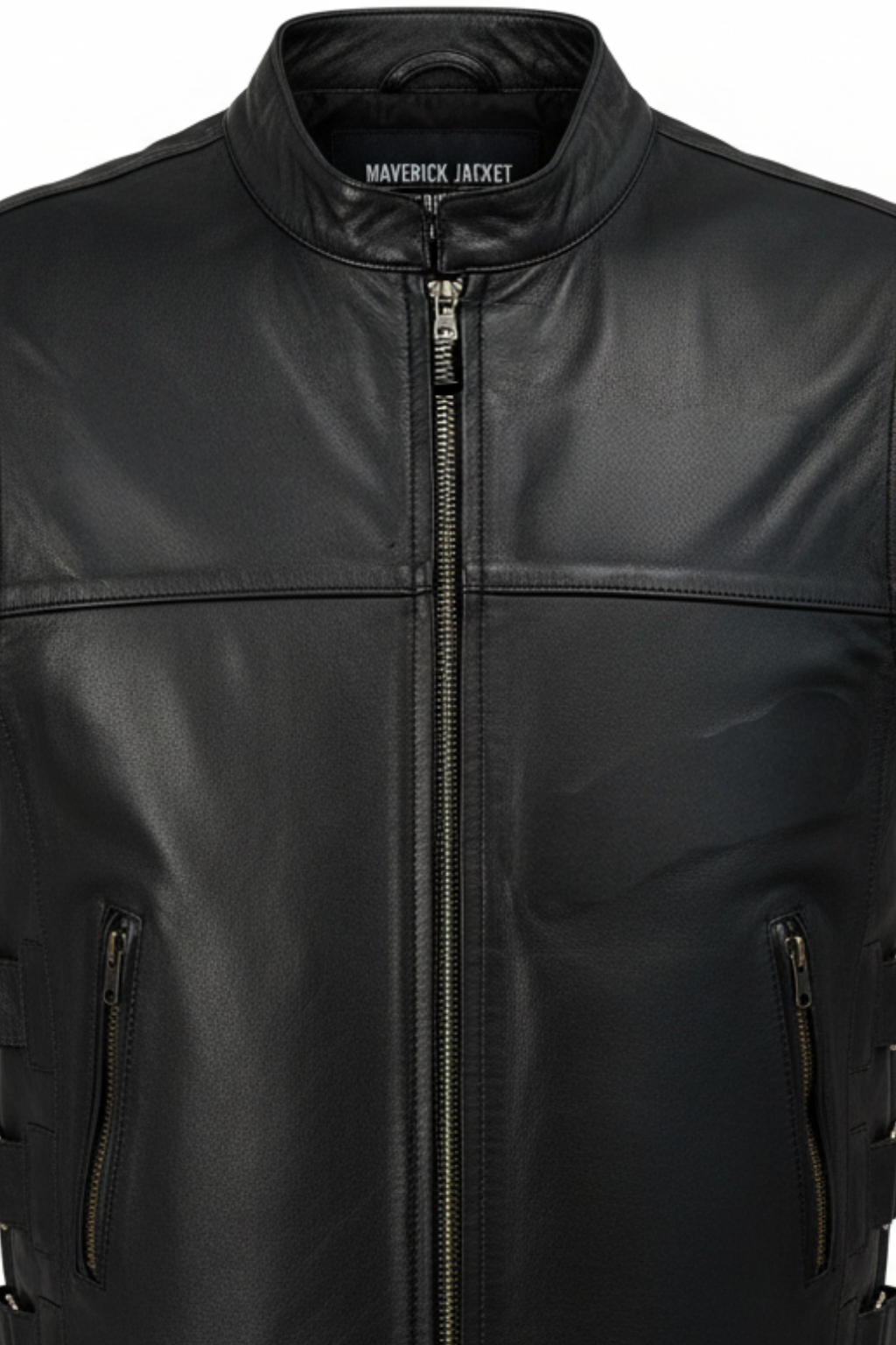 Macro shot of smooth black leather texture and metal snap hardware on vest. The Jaxon by Maverick Jacket.