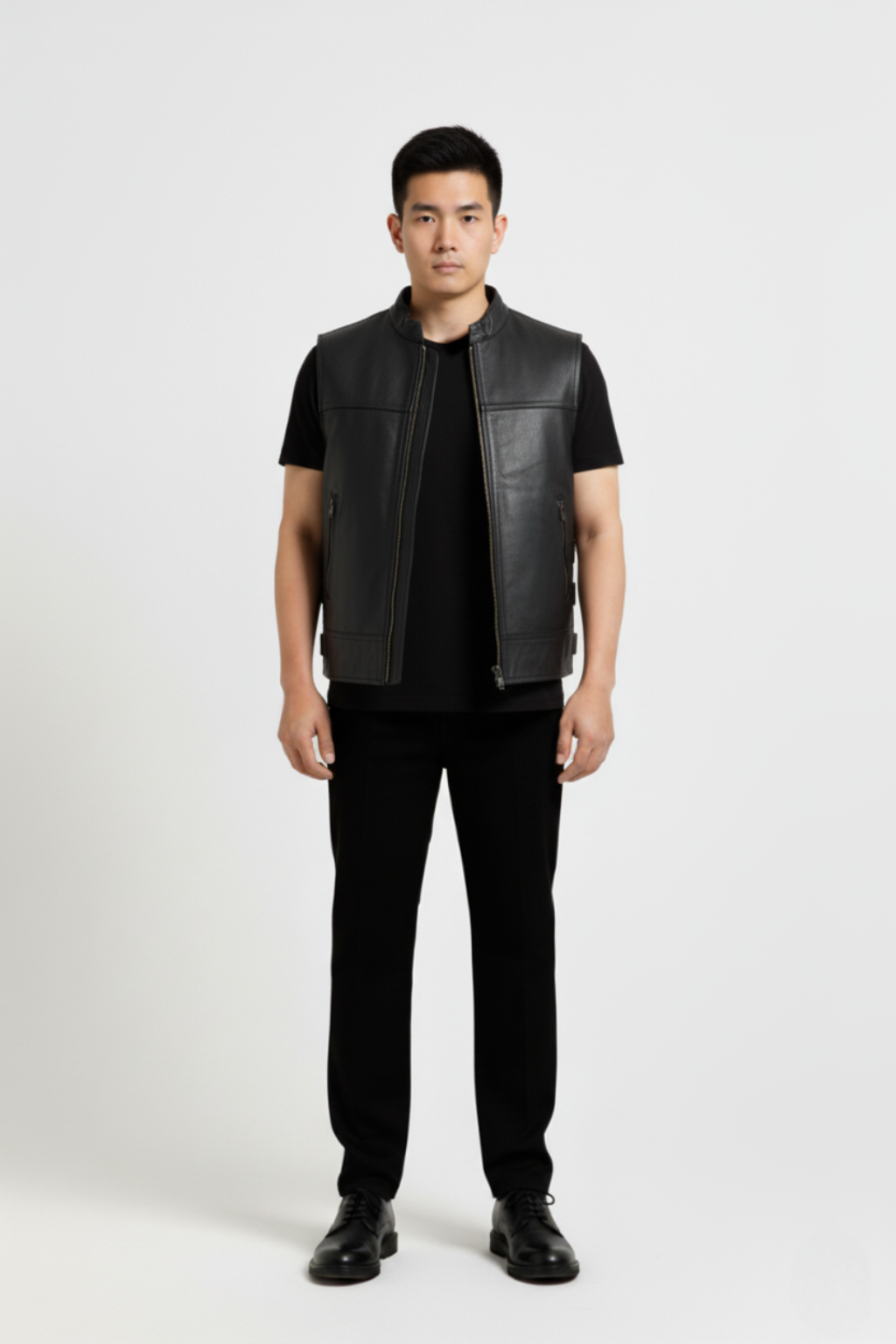 Male model wearing Maverick Jaxon leather vest, regular fit, styled over a grey hoodie with black cargo trousers. Maverick Jacket.