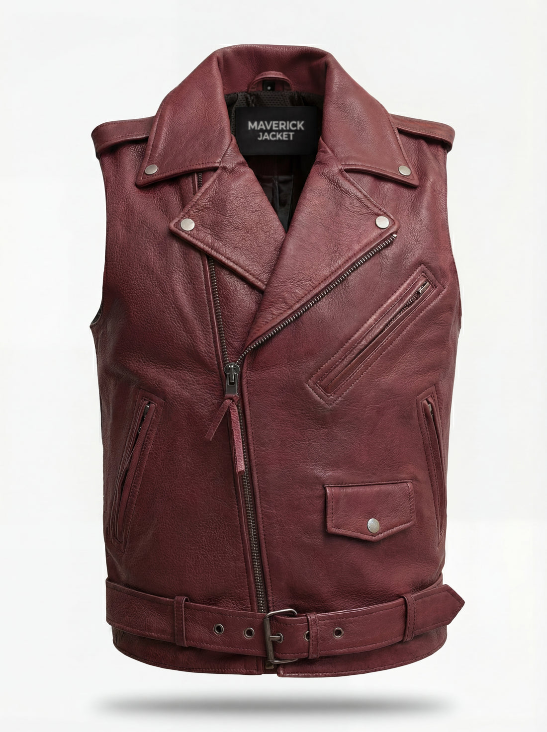 Men's burgundy leather biker vest with asymmetrical zipper closure and notched lapels, Front View. The Valor by Maverick Jacket.