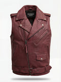 Men's burgundy leather biker vest with asymmetrical zipper closure and notched lapels, Front View. The Valor by Maverick Jacket.