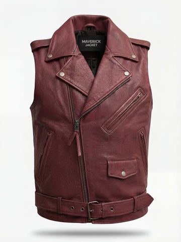 Men's burgundy leather biker vest with asymmetrical zipper closure and notched lapels, Front View. The Valor by Maverick Jacket.