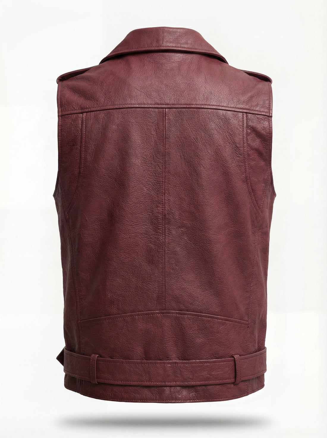 Men's burgundy leather biker vest with asymmetrical zipper closure and notched lapels, Front View. The Valor by Maverick Jacket.