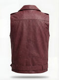 Rear view of burgundy leather biker vest showing clean back paneling and adjustable side waist tabs. The Valor by Maverick Jacket.