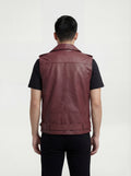 Rear view of male model wearing Maverick Valor leather biker vest showing broad shoulder fit and clean back styling. Maverick Jacket.