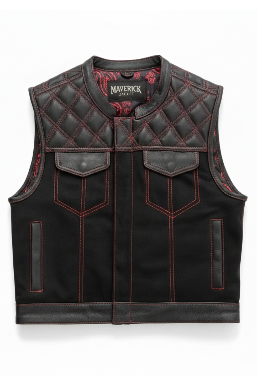 Men's black mixed-media biker vest with leather trim, textile body panels, and asymmetrical zipper closure, Front View. The Ryker by Maverick Jacket.