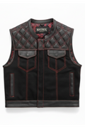 Men's black mixed-media biker vest with leather trim, textile body panels, and asymmetrical zipper closure, Front View. The Ryker by Maverick Jacket.