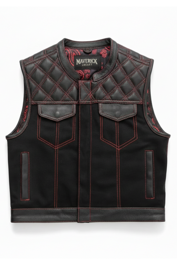 Men's black mixed-media biker vest with leather trim, textile body panels, and asymmetrical zipper closure, Front View. The Ryker by Maverick Jacket.
