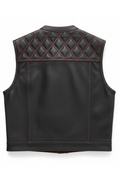 Rear view of black mixed-media biker vest showing textile back panel and leather shoulder yoke. The Ryker by Maverick Jacket.