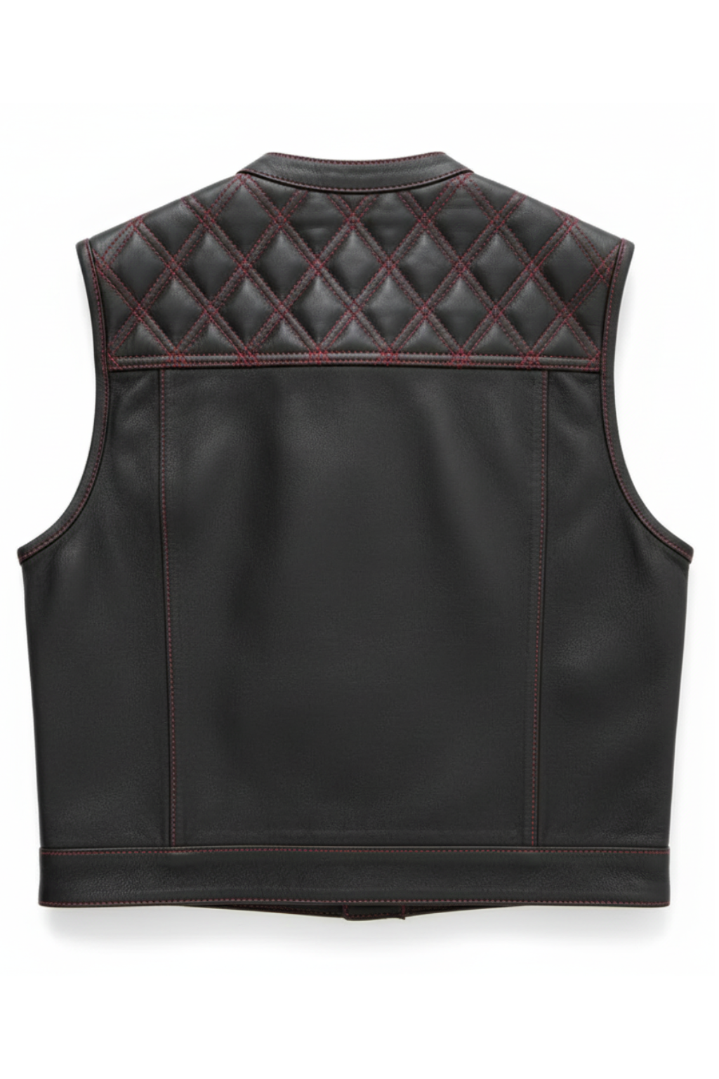 Rear view of black mixed-media biker vest showing textile back panel and leather shoulder yoke. The Ryker by Maverick Jacket.