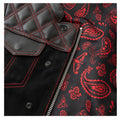 Macro shot of textile fabric contrasting with leather trim and silver zipper hardware on vest. The Ryker by Maverick Jacket.