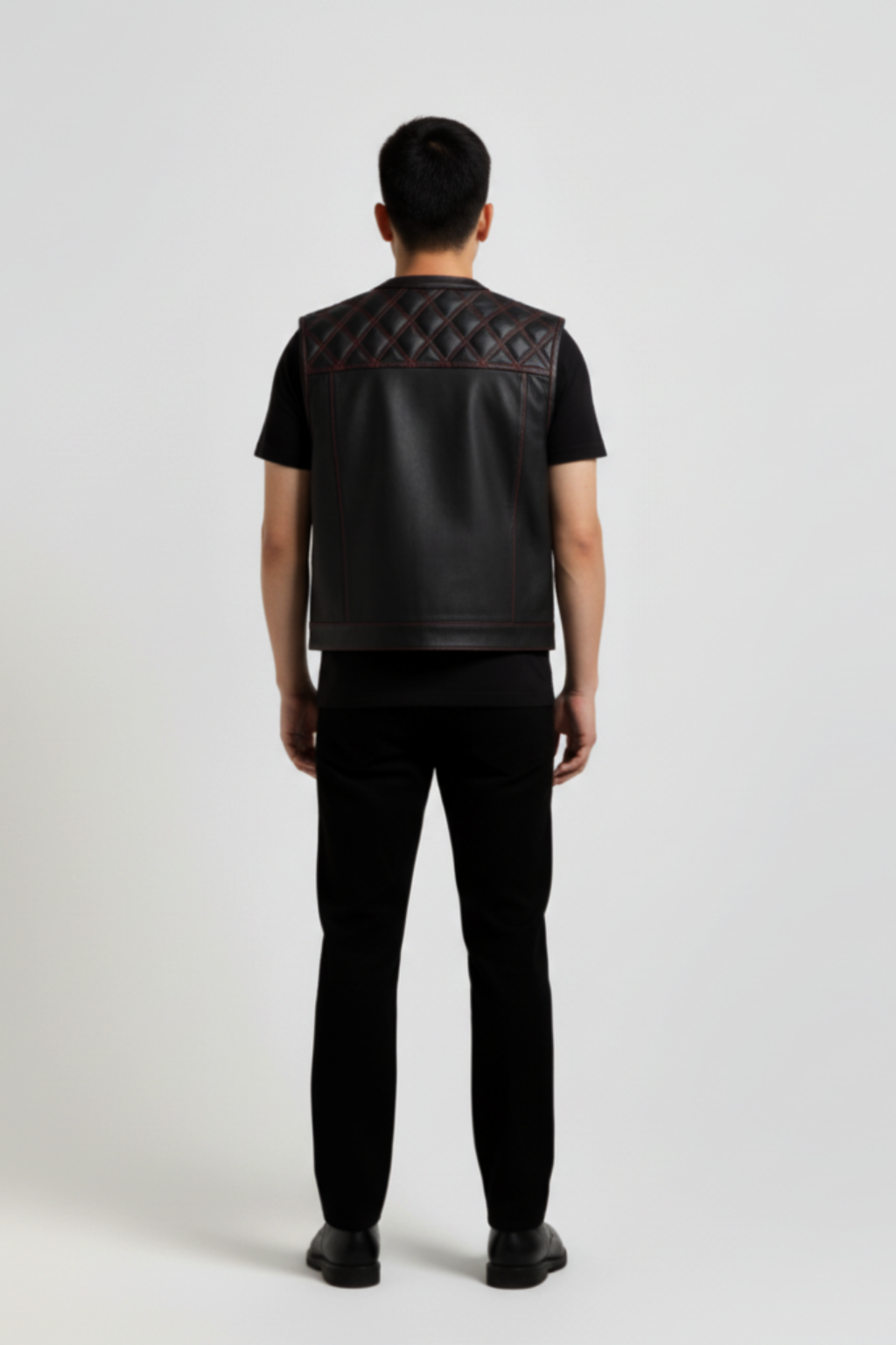 Rear view of male model wearing Maverick Ryker mixed-media biker vest showing broad shoulder fit and mixed material back styling. Maverick Jacket.