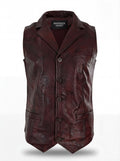 Men's burgundy leather button vest with V-neckline and dual front pockets, Front View. The Rook by Maverick Jacket.