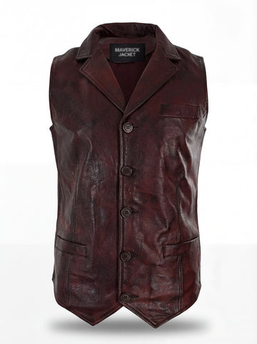 Men's burgundy leather button vest with V-neckline and dual front pockets, Front View. The Rook by Maverick Jacket.