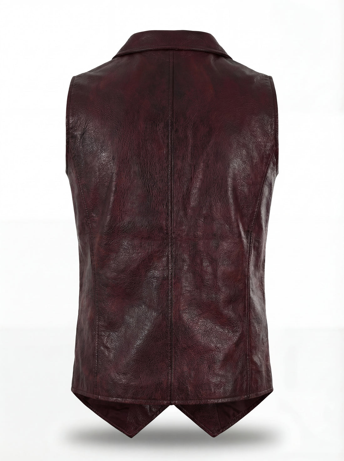 Men's burgundy leather button vest with V-neckline and dual front pockets, Front View. The Rook by Maverick Jacket.