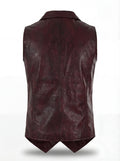 Rear view of burgundy leather vest showing clean back paneling and adjustable side waist tabs. The Rook by Maverick Jacket.