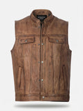 Men's distressed brown leather vest with vintage finish and antique brass snap buttons, Front View. The Drifter by Maverick Jacket.