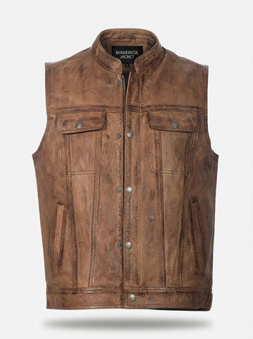 Men's distressed brown leather vest with vintage finish and antique brass snap buttons, Front View. The Drifter by Maverick Jacket.