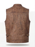 Rear view of distressed brown leather vest showing rugged back paneling and adjustable side waist tabs. The Drifter by Maverick Jacket.