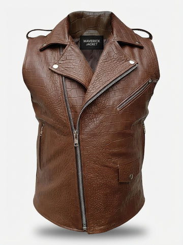 Men's black croc-embossed leather biker vest with asymmetrical zipper closure and notched lapels, Front View. The Drake by Maverick Jacket.