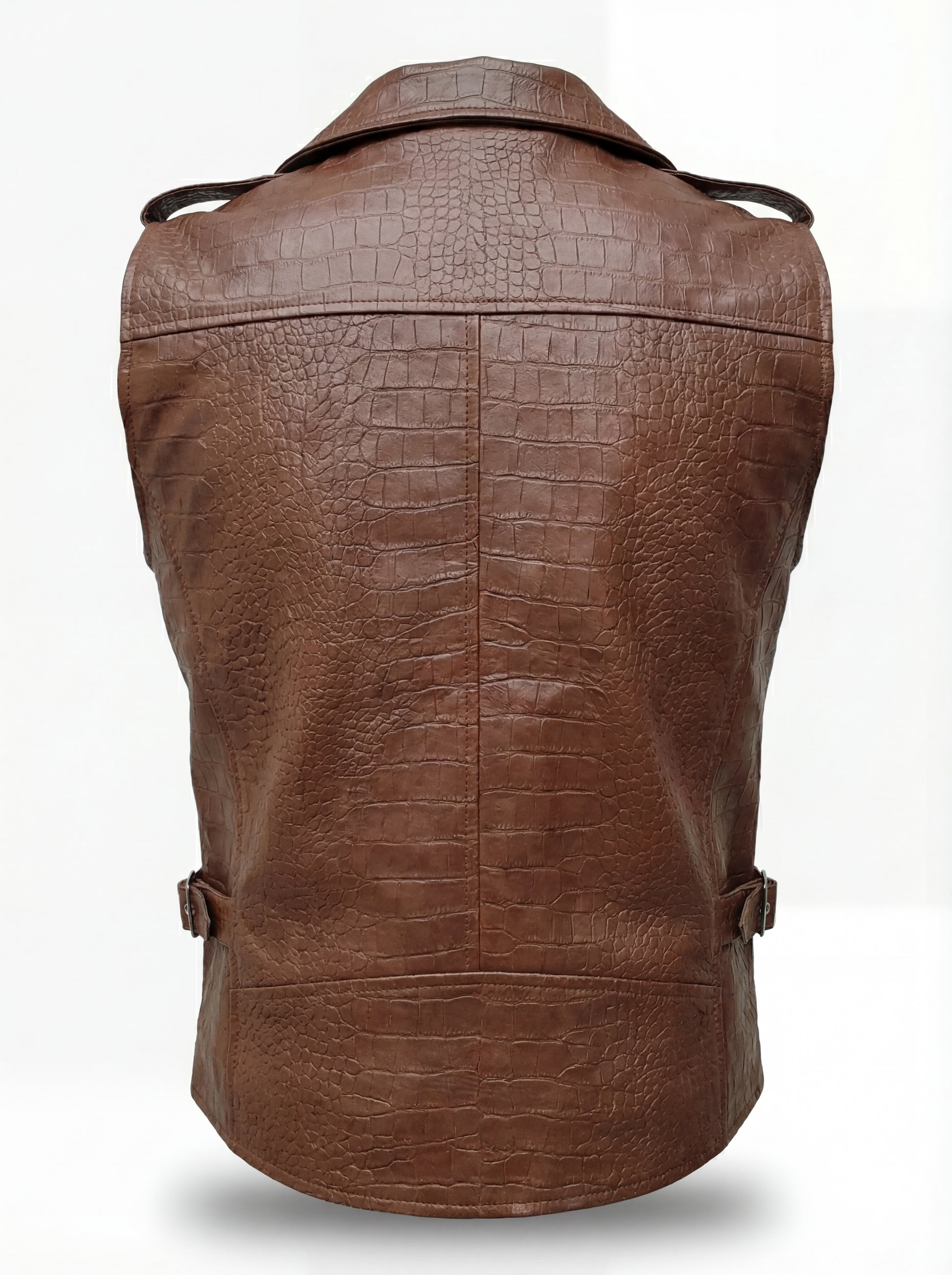 Rear view of black croc-embossed leather biker vest showing textured back paneling and adjustable side waist tabs. The Drake by Maverick Jacket.