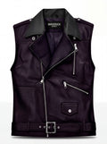 Men's two-tone leather biker vest with asymmetrical zipper closure and notched lapels, Front View. The Rocco by Maverick Jacket.