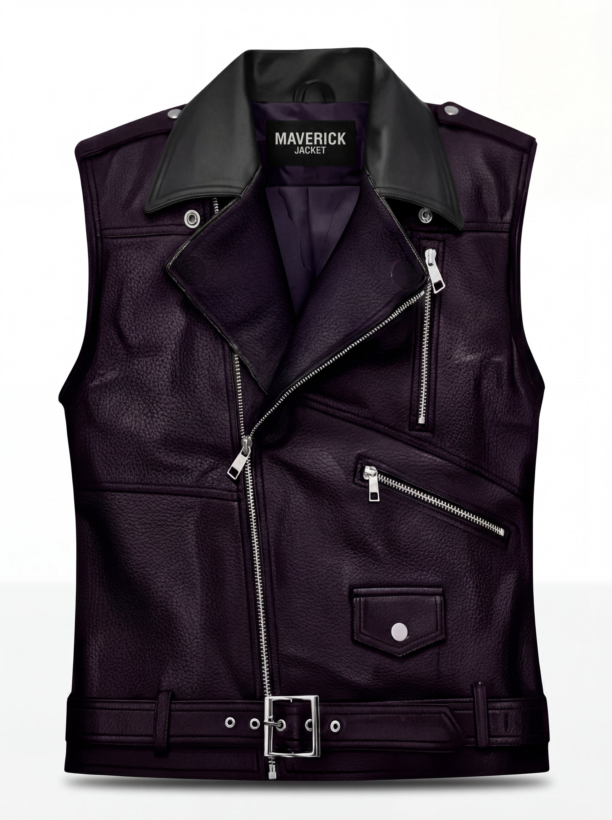 Men's two-tone leather biker vest with asymmetrical zipper closure and notched lapels, Front View. The Rocco by Maverick Jacket.