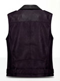 Rear view of two-tone leather biker vest showing contrasting back paneling and adjustable side waist tabs. The Rocco by Maverick Jacket.