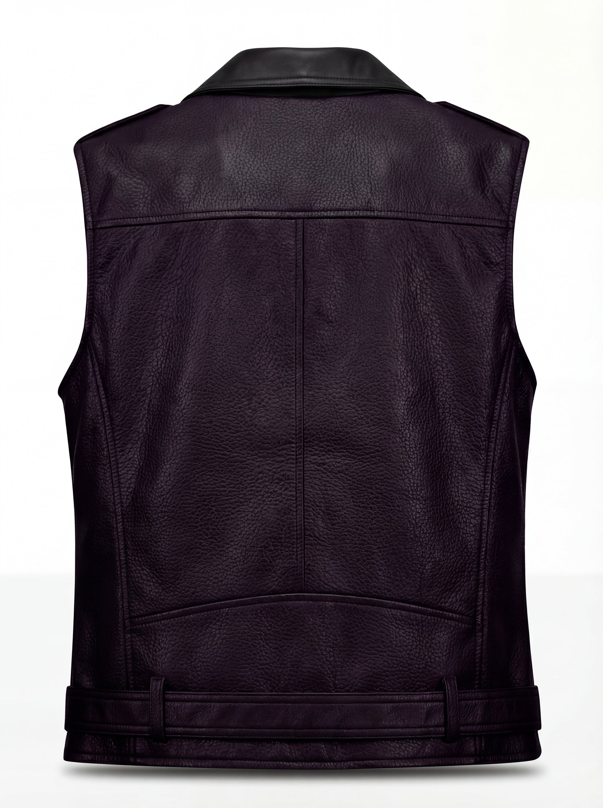 Rear view of two-tone leather biker vest showing contrasting back paneling and adjustable side waist tabs. The Rocco by Maverick Jacket.