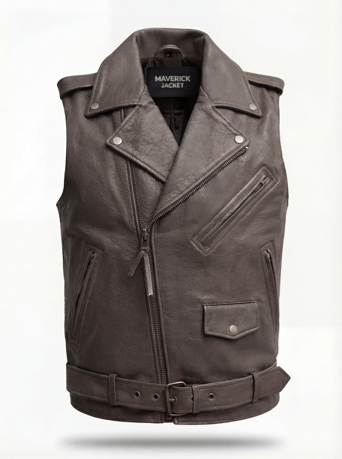 Men's grey leather biker vest with asymmetrical zipper closure and notched lapels, Front View. The Vulcan by Maverick Jacket.