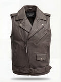 Men's grey leather biker vest with asymmetrical zipper closure and notched lapels, Front View. The Vulcan by Maverick Jacket.