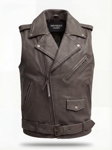 Men's grey leather biker vest with asymmetrical zipper closure and notched lapels, Front View. The Vulcan by Maverick Jacket.